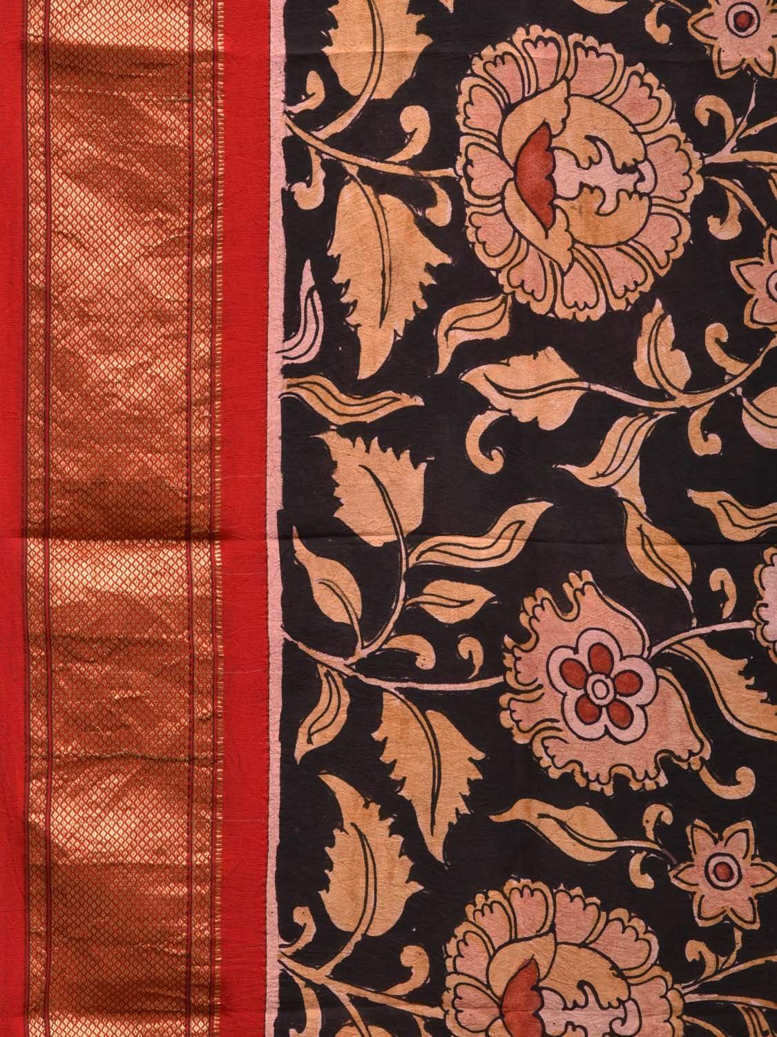 Black Kalamkari Hand Painted Paithani Silk Handloom Saree with Floral and Pallu Design KL0473