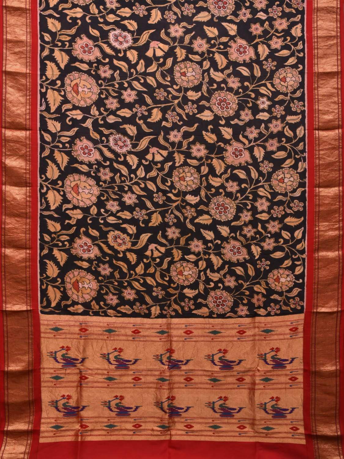 Black Kalamkari Hand Painted Paithani Silk Handloom Saree with Floral and Pallu Design KL0473
