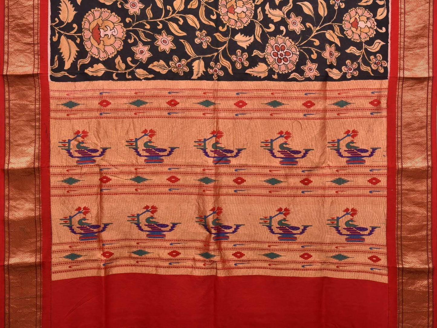 Black Kalamkari Hand Painted Paithani Silk Handloom Saree with Floral and Pallu Design KL0473