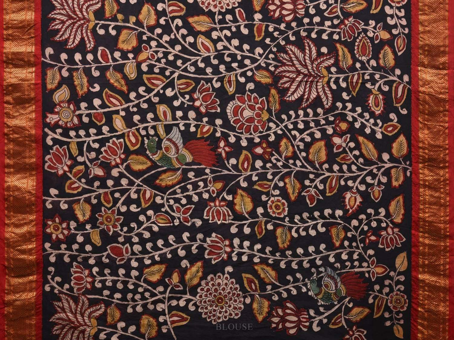 Black Kalamkari Hand Painted Paithani Silk Handloom Saree with Floral Design KL0550