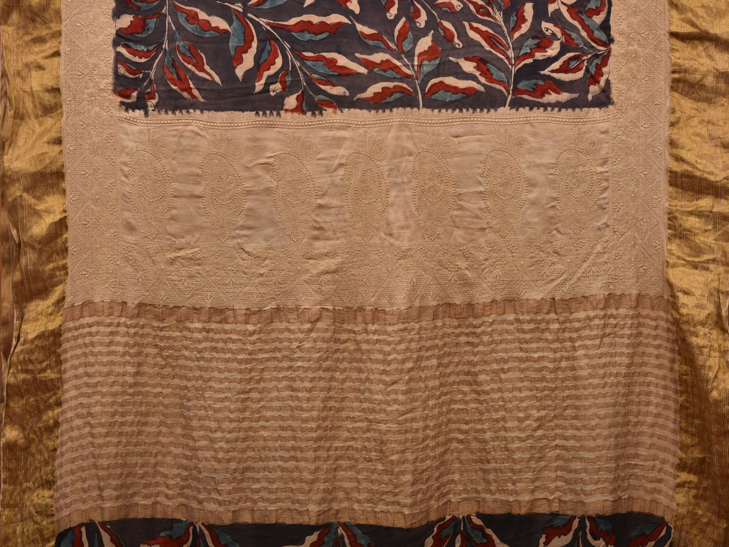 Black Kalamkari Hand Painted Satin Silk Saree with Floral and Embroidary Design KL0676