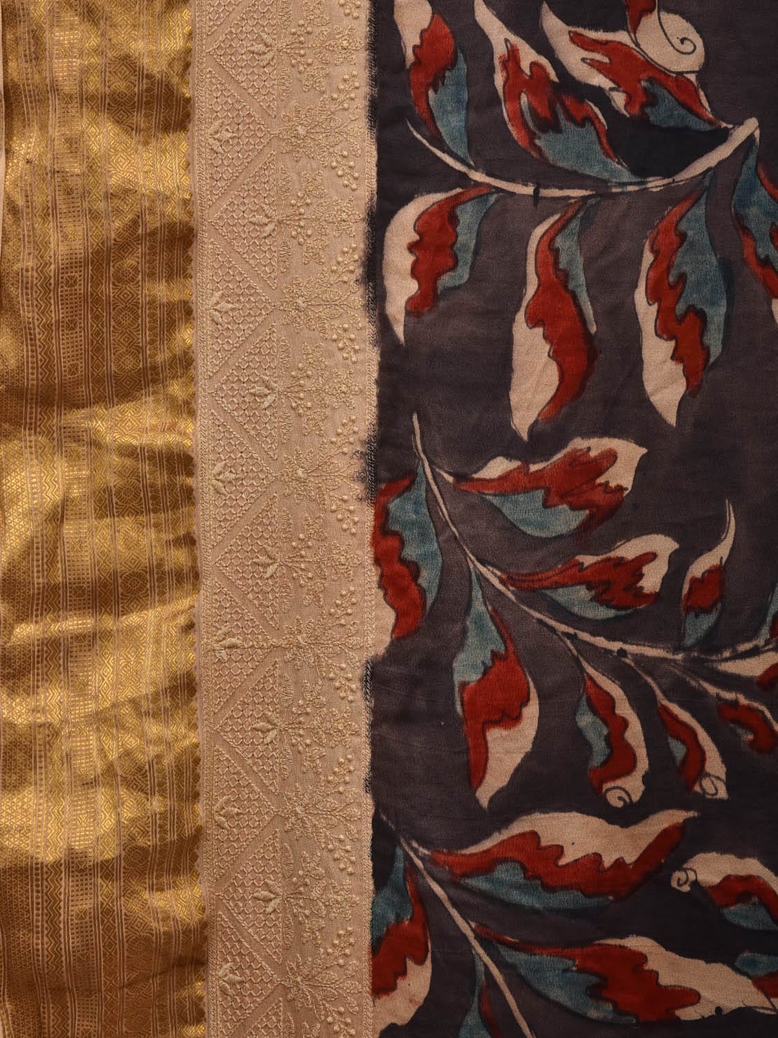 Black Kalamkari Hand Painted Satin Silk Saree with Floral and Embroidary Design KL0676