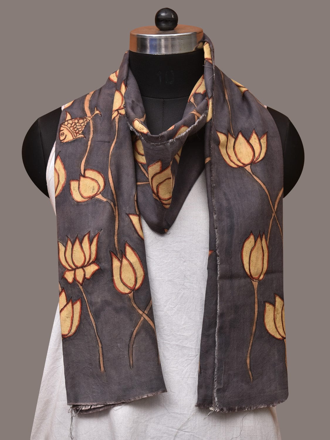 Black Kalamkari Hand Painted Sico Dupatta with Lotus and Fish Design ds3506
