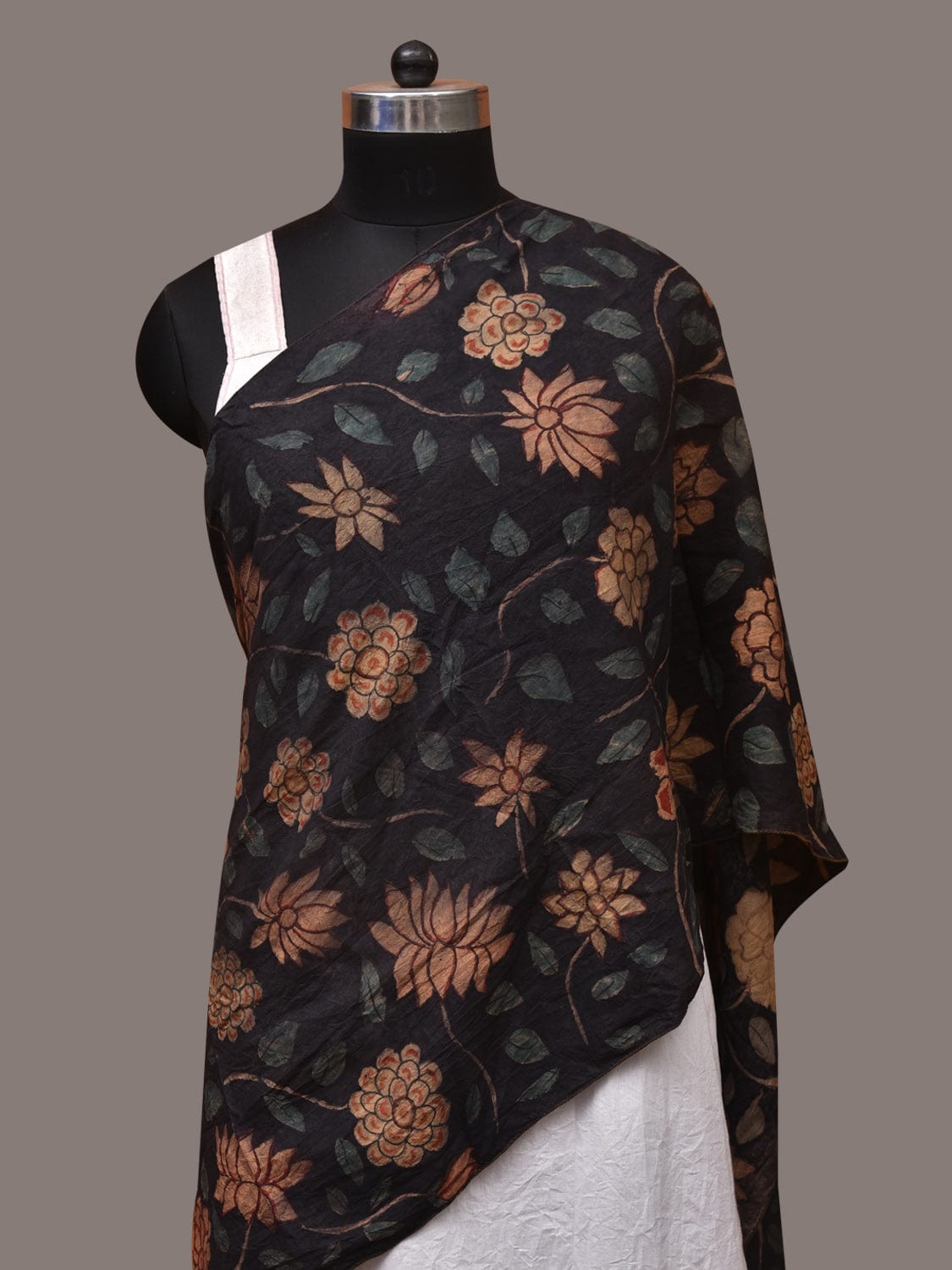 Black Kalamkari Hand Painted Sico Stole with Floral Design ds3431