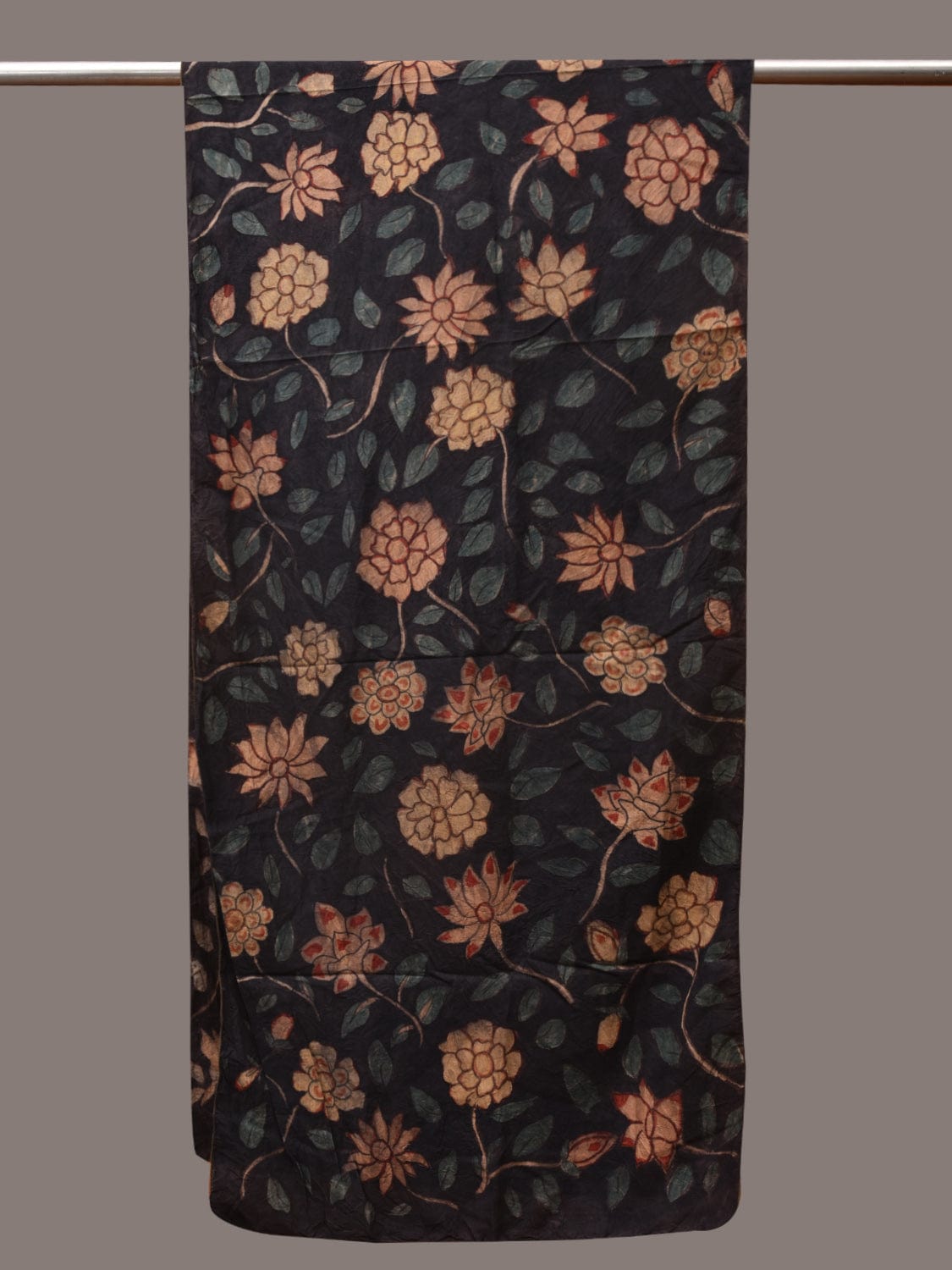 Black Kalamkari Hand Painted Sico Stole with Floral Design ds3431