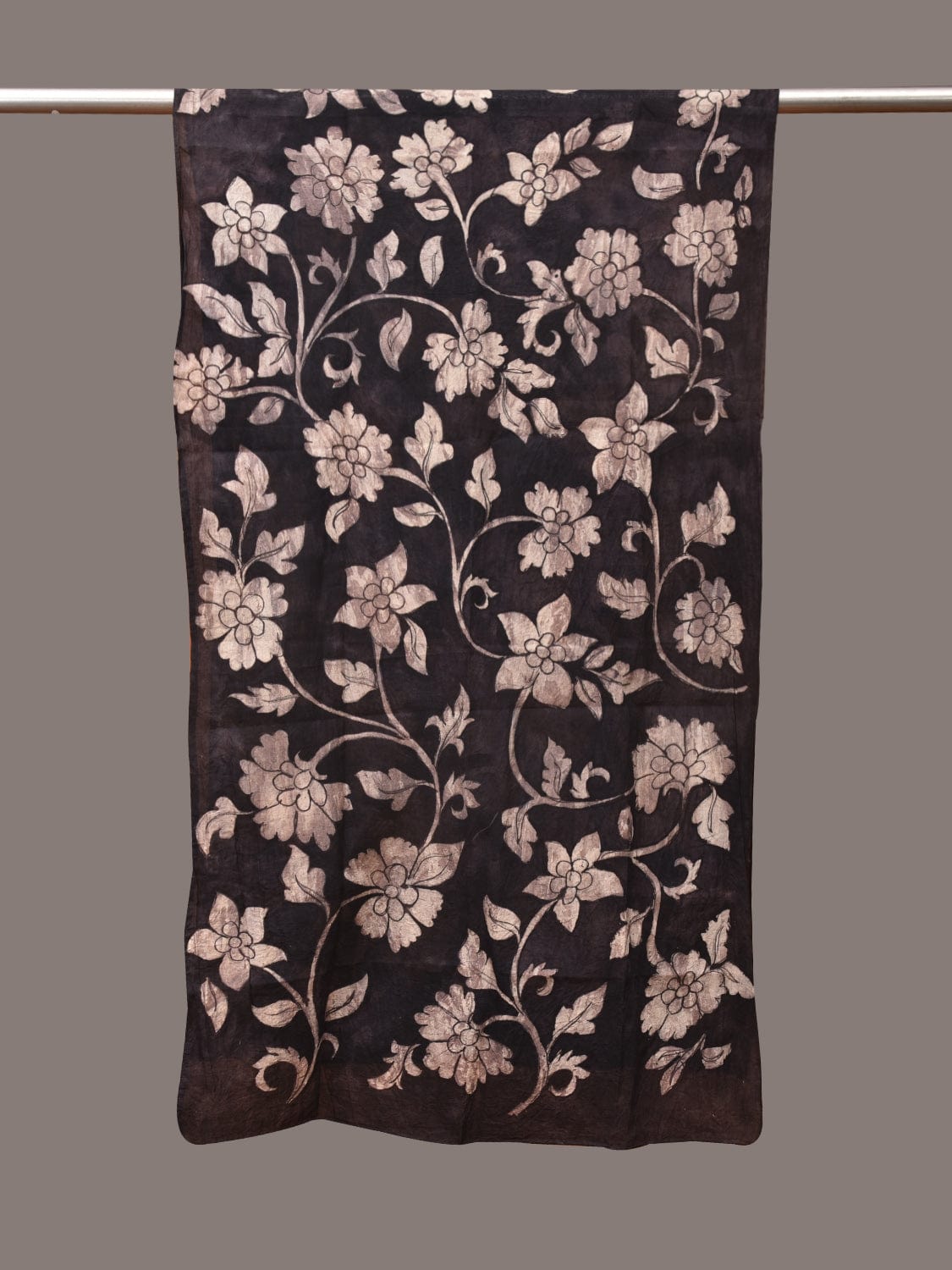 Black Kalamkari Hand Painted Sico Stole with Floral Design ds3445