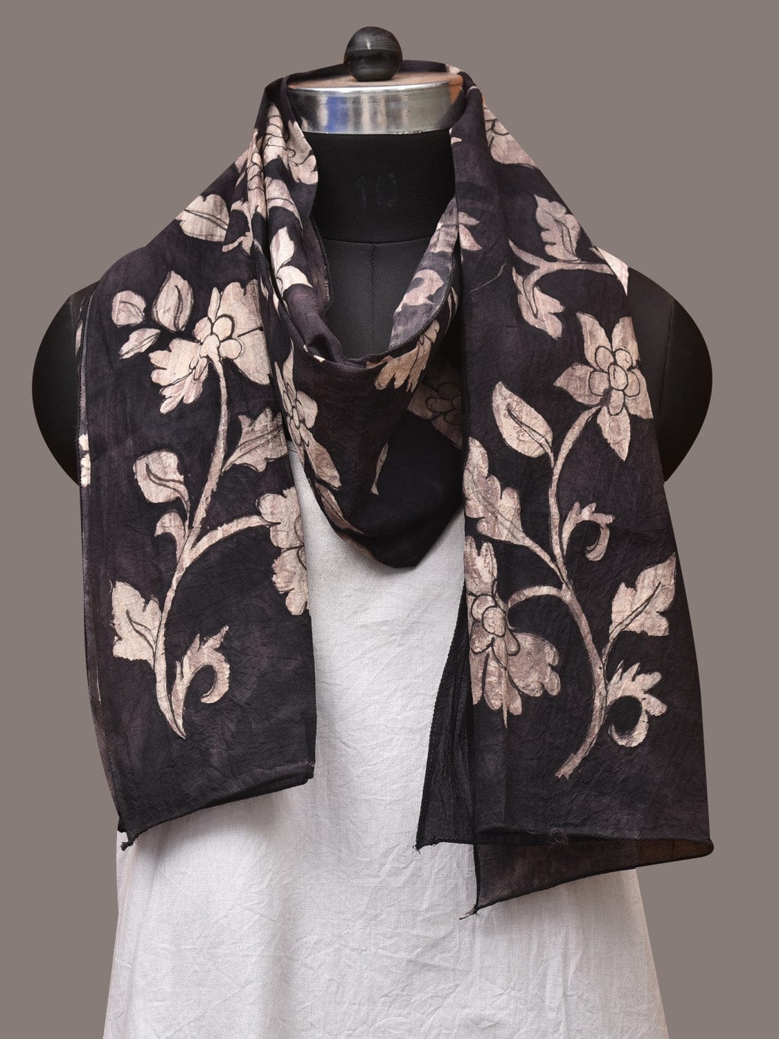 Black Kalamkari Hand Painted Sico Stole with Floral Design ds3445