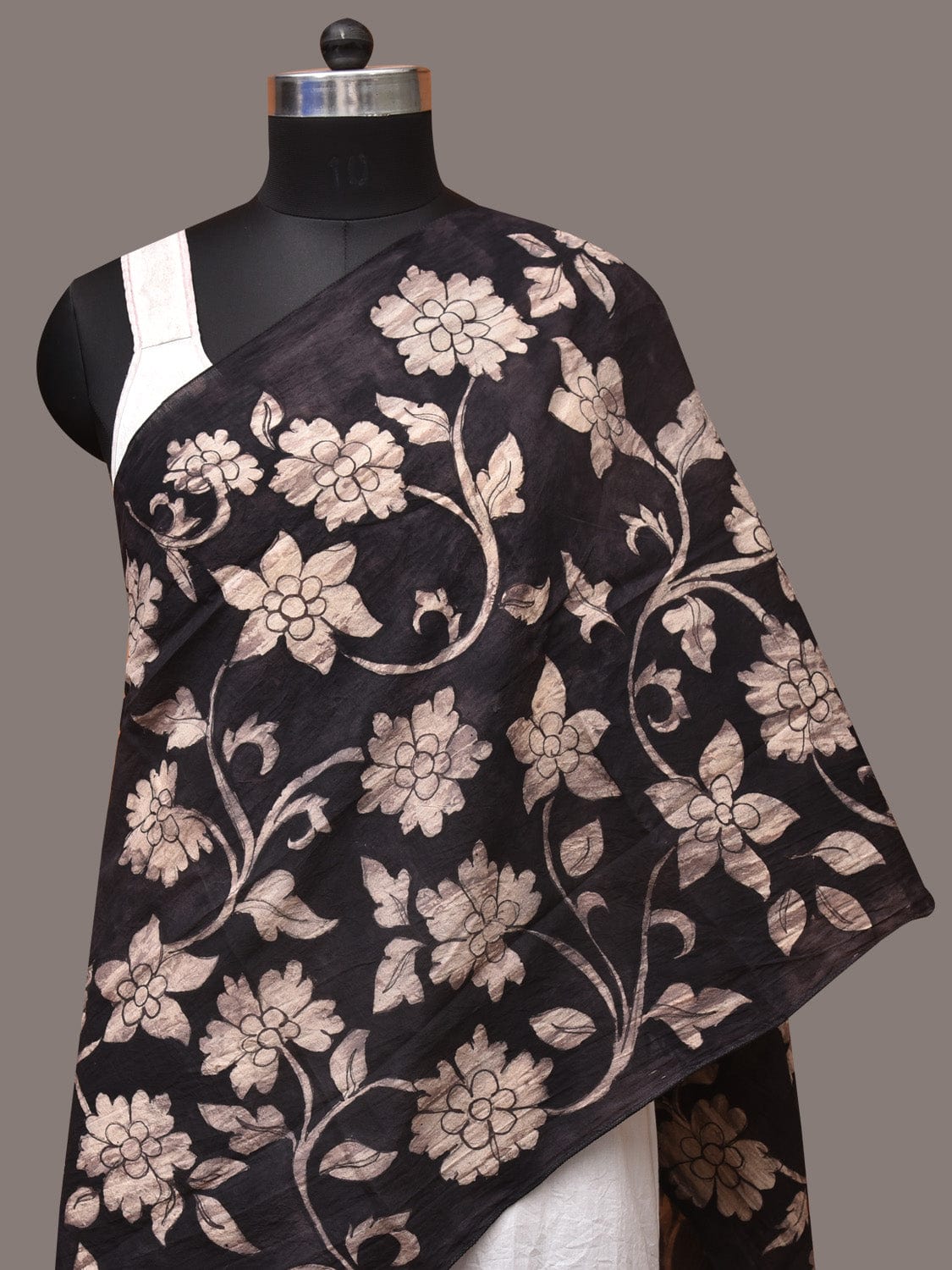 Black Kalamkari Hand Painted Sico Stole with Floral Design ds3445
