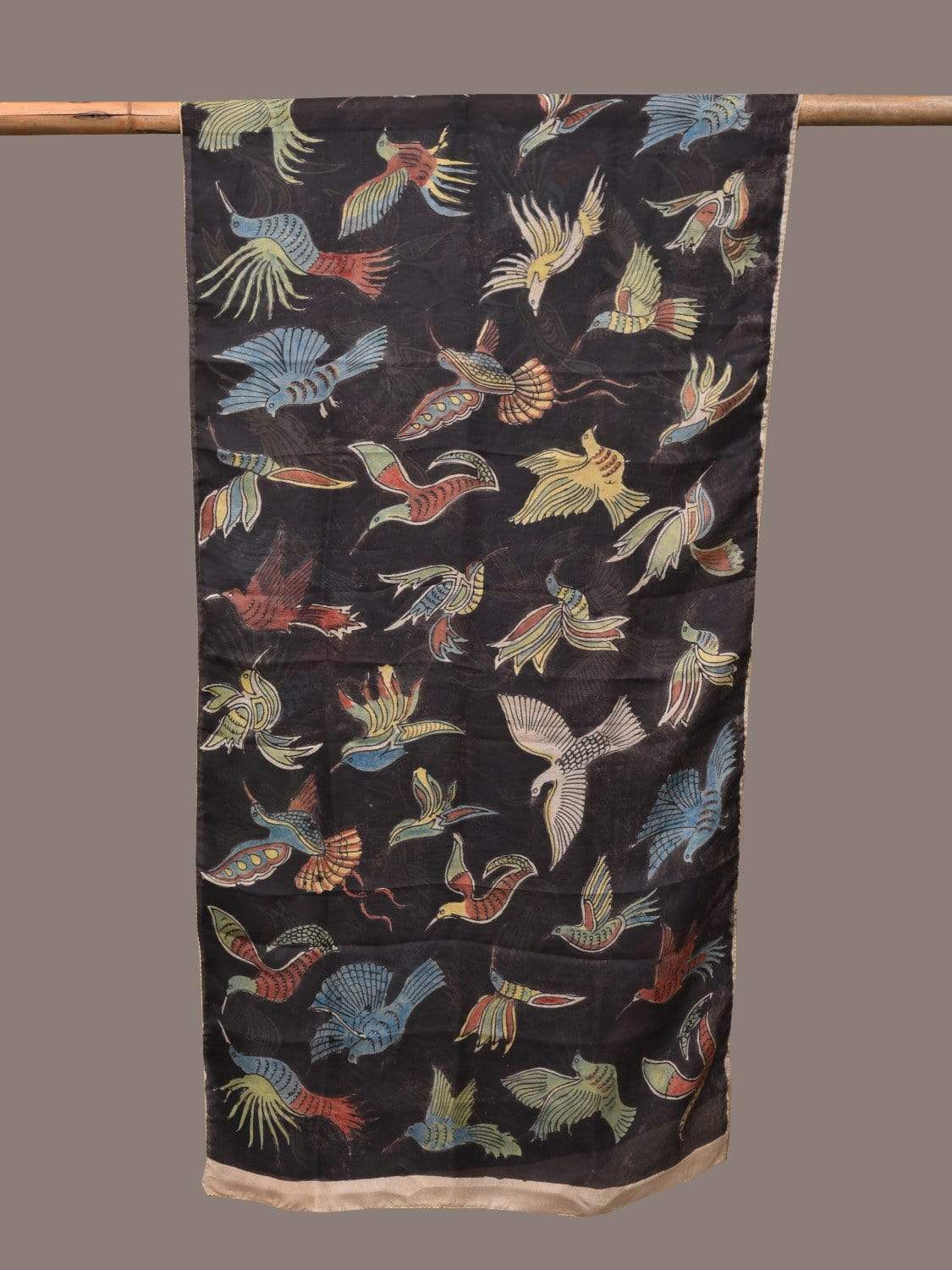 Black Kalamkari Hand Painted Silk Handloom Stole with Birds Design ds2261