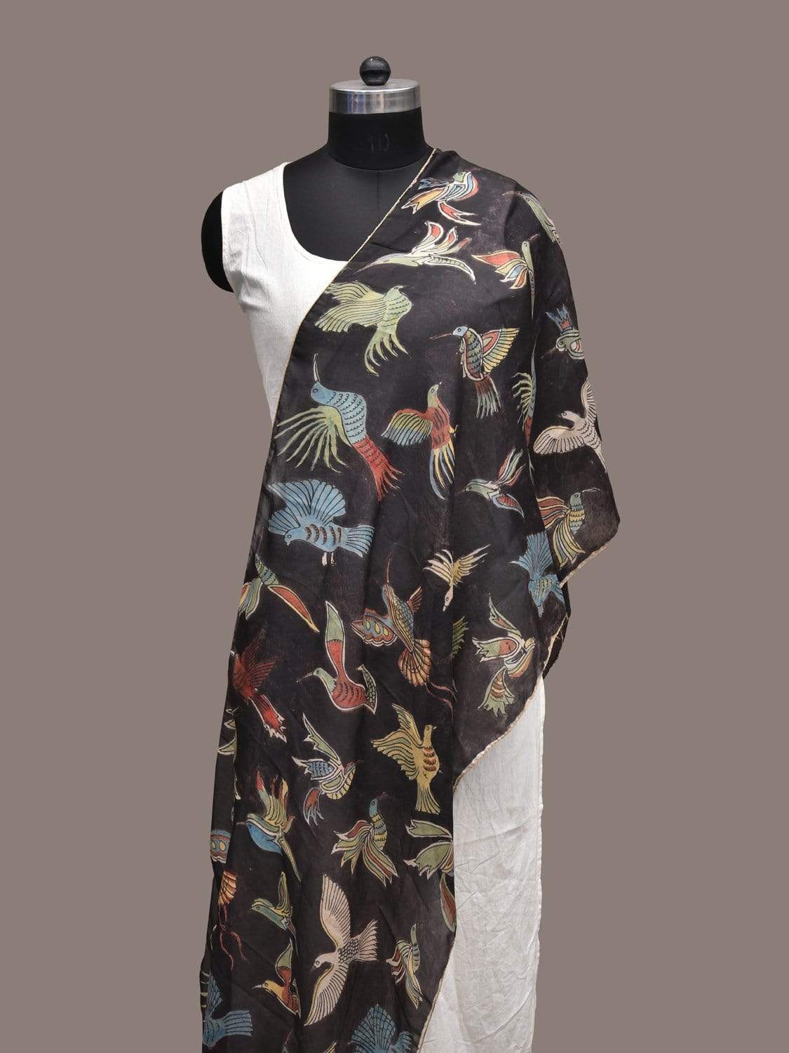 Black Kalamkari Hand Painted Silk Handloom Stole with Birds Design ds2261