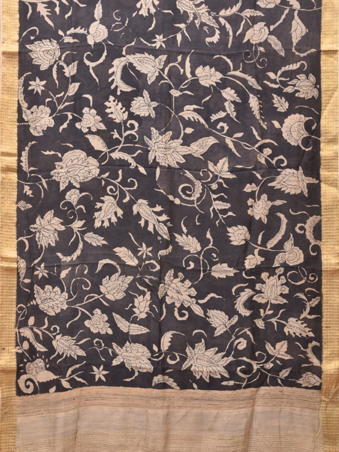 Black Kalamkari Hand Painted Tussar Cotton Handloom Saree with Floral Design KL0736