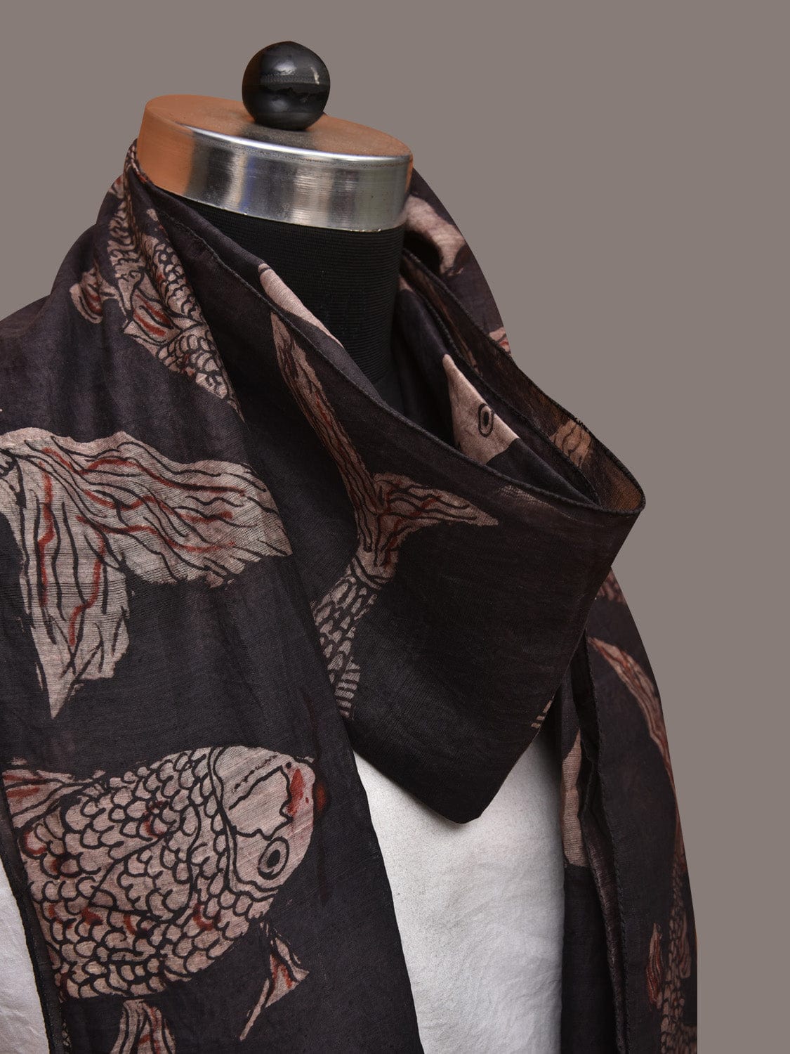 Black Kalamkari Hand Painted Tussar Cotton Handloom Stole with Fishes Design ds3525