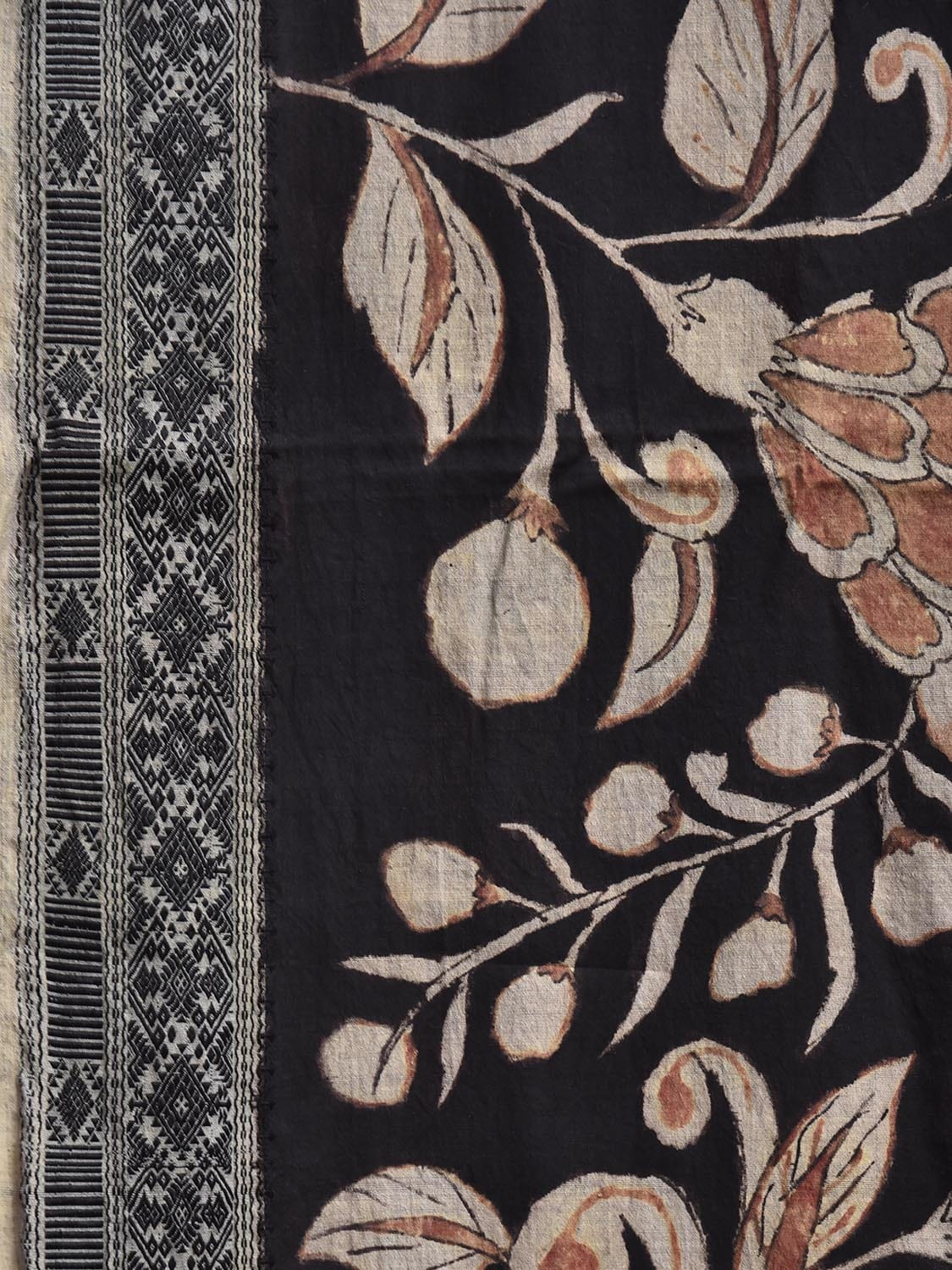 Black Kalamkari Hand Painted Tussar Cotton Saree with Big Floral Design KL0810