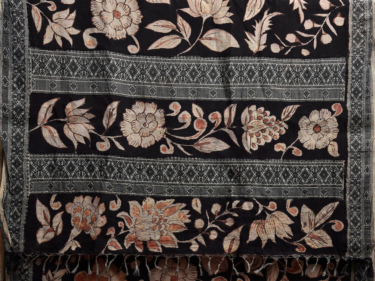 Black Kalamkari Hand Painted Tussar Cotton Saree with Big Floral Design KL0810