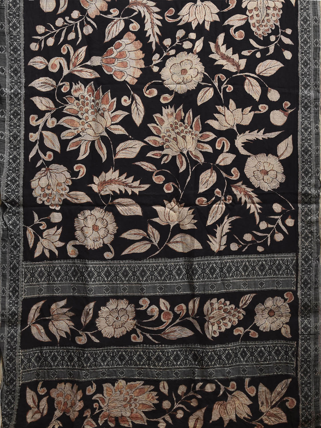 Black Kalamkari Hand Painted Tussar Cotton Saree with Big Floral Design KL0810