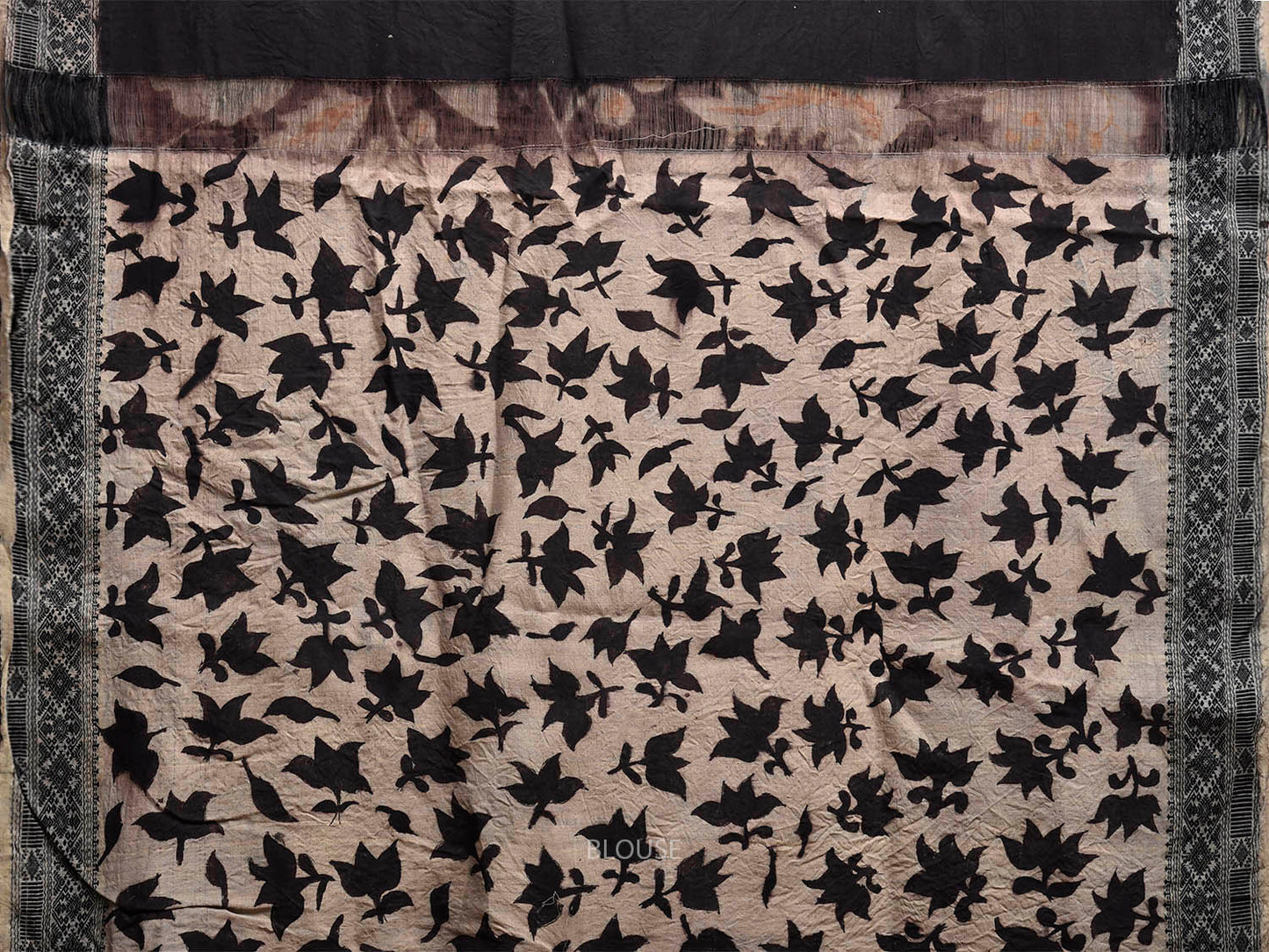 Black Kalamkari Hand Painted Tussar Cotton Saree with Big Floral Design KL0810
