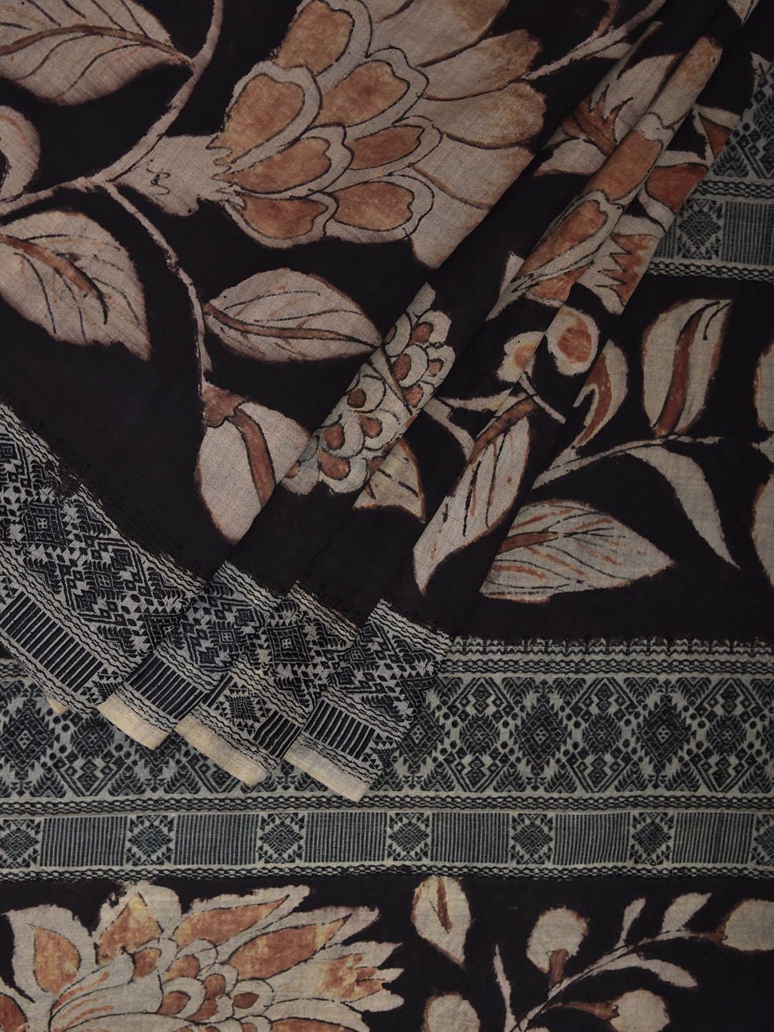 Black Kalamkari Hand Painted Tussar Cotton Saree with Big Floral Design KL0810