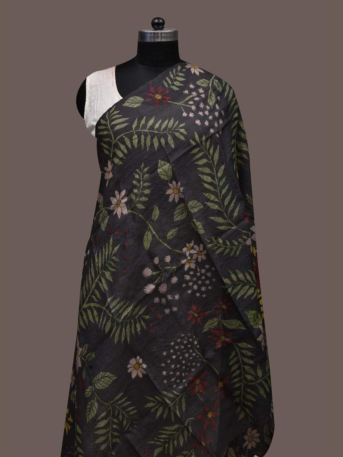 Black Kalamkari Hand Painted Tussar Handloom Dupatta with Floral Design ds2383