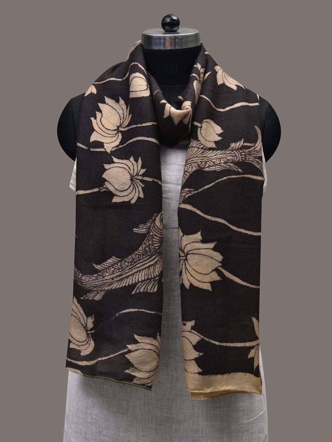 Black Kalamkari Hand Painted Woolen Handloom Stole with Lotus Flowers and Fish Design ds2438