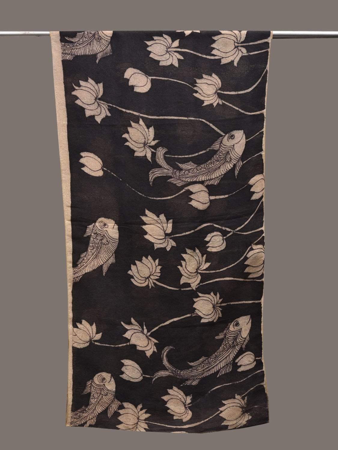 Black Kalamkari Hand Painted Woolen Handloom Stole with Lotus Flowers and Fish Design ds2438