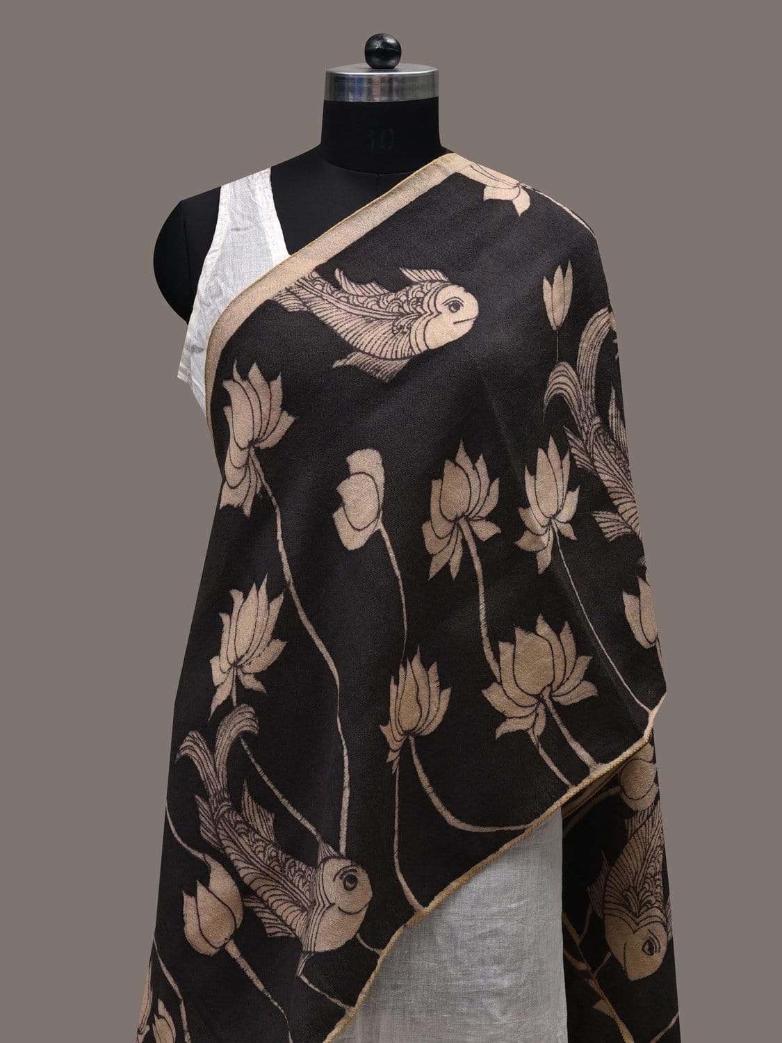 Black Kalamkari Hand Painted Woolen Handloom Stole with Lotus Flowers and Fish Design ds2438