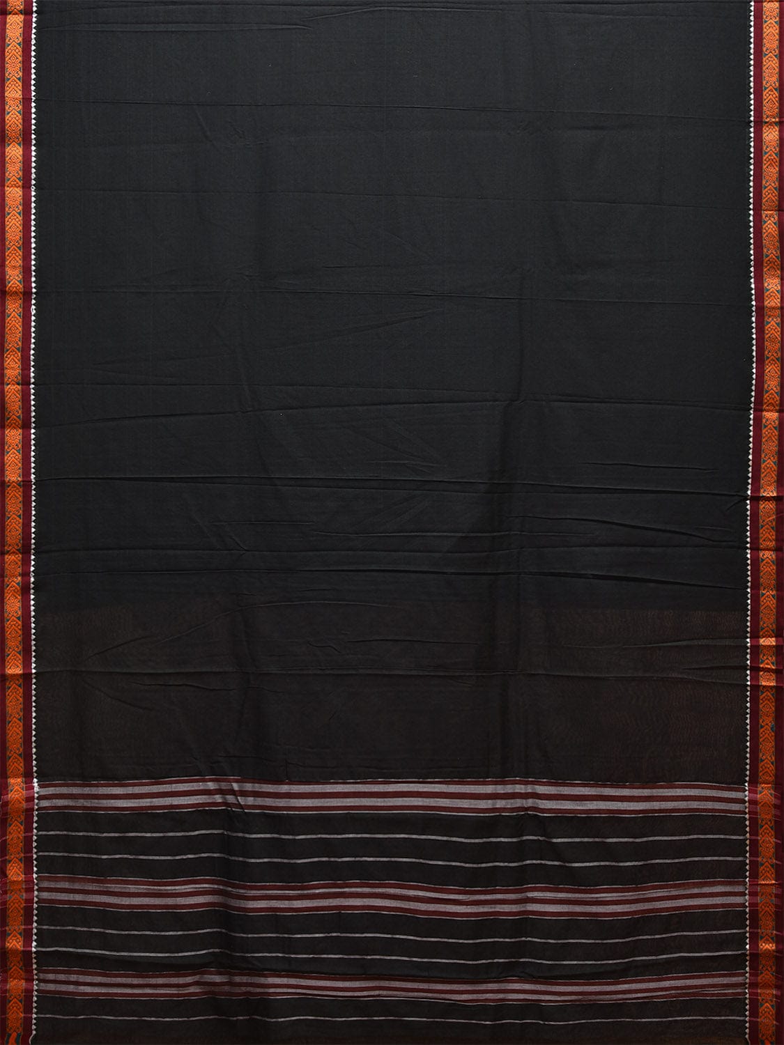 Black Narayanpet Cotton Handloom Plain Saree with Small Border and Strips Pallu Design np1044
