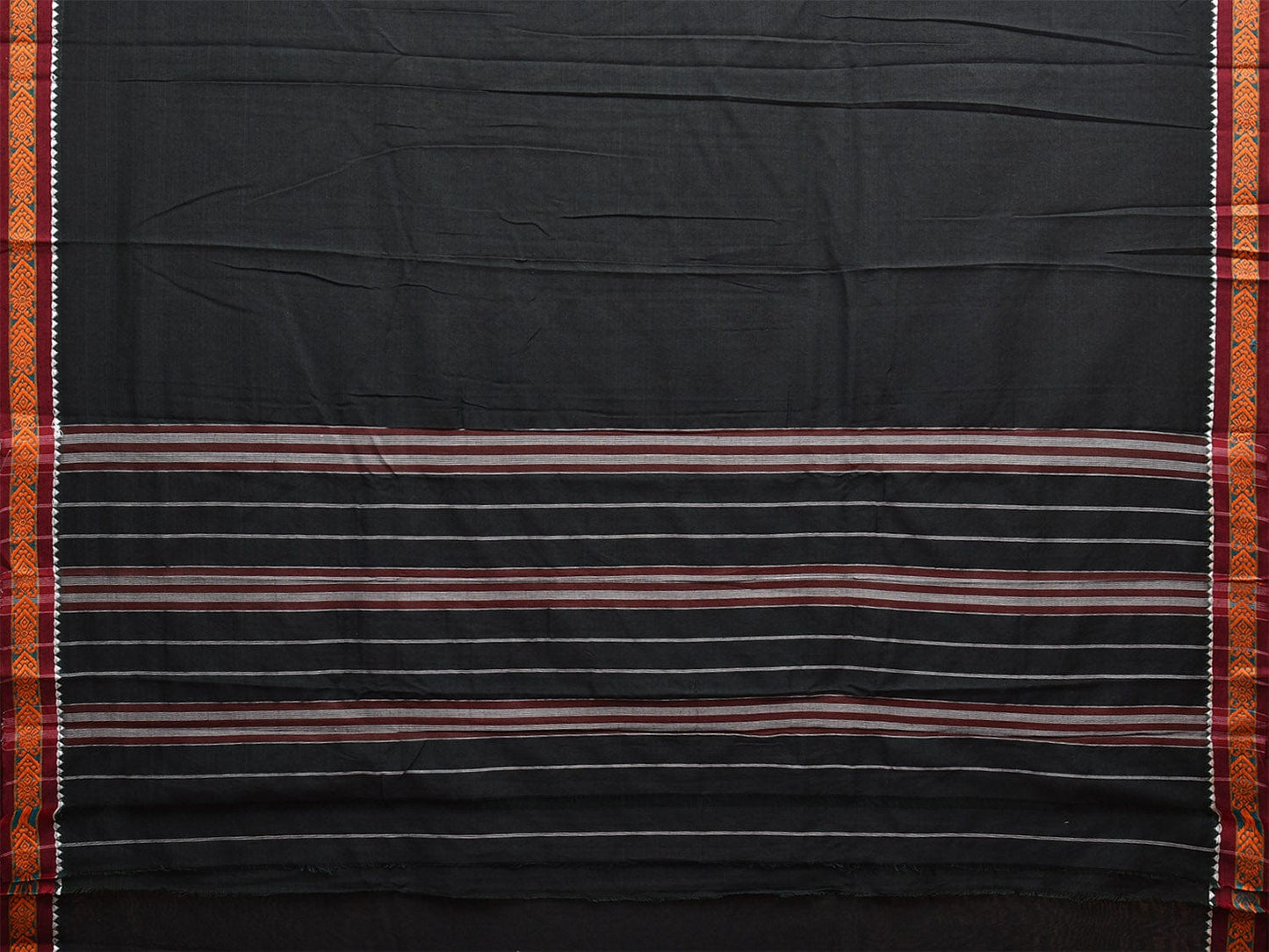 Black Narayanpet Cotton Handloom Plain Saree with Small Border and Strips Pallu Design np1044
