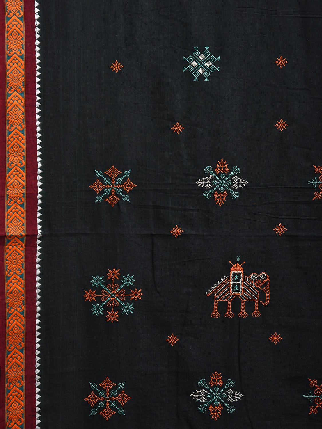 Black Narayanpet Cotton Handloom Saree with Kasuti Work and Strips Pallu Design No Blouse o0648