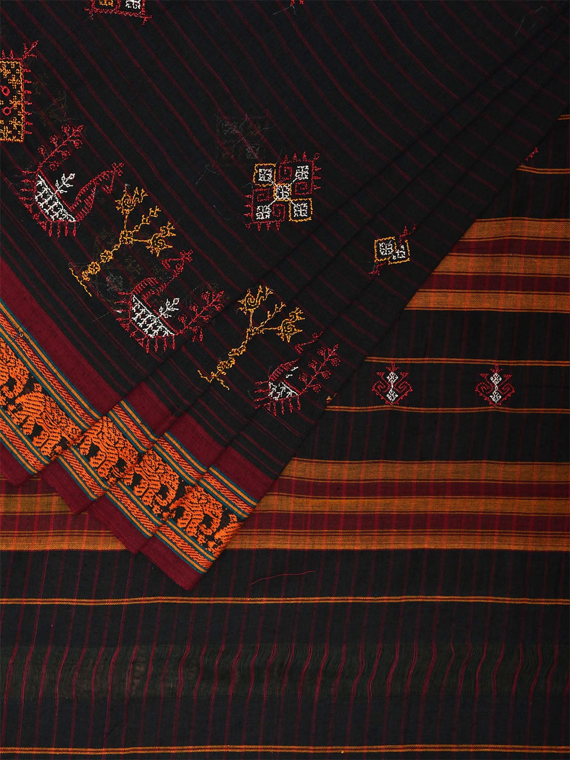Black Narayanpet Cotton Saree with Kasuti Work and Elephant Border Design o0666