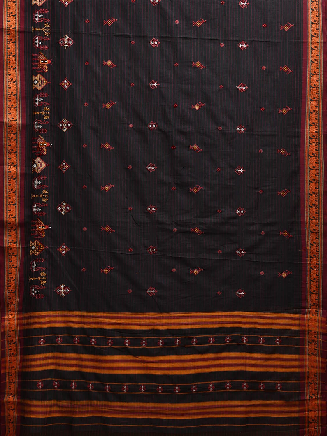 Black Narayanpet Cotton Saree with Kasuti Work and Elephant Border Design o0666