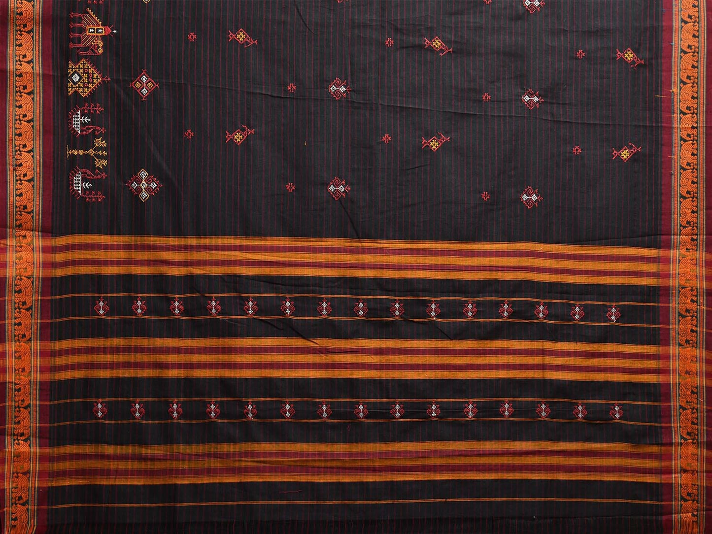 Black Narayanpet Cotton Saree with Kasuti Work and Elephant Border Design o0666
