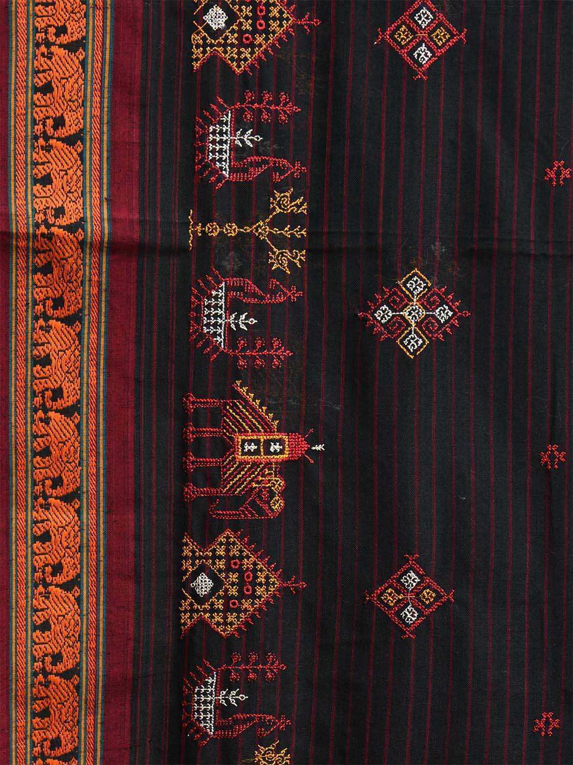 Black Narayanpet Cotton Saree with Kasuti Work and Elephant Border Design o0666