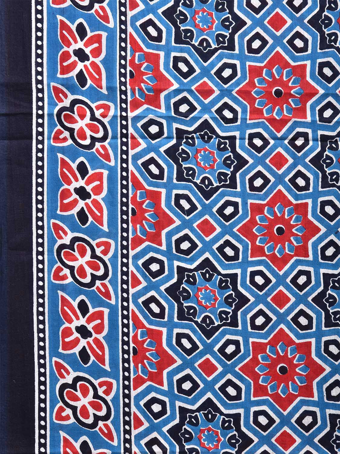 Blue and Black Digital Print Cotton Saree with All Over Geometric Design o0654