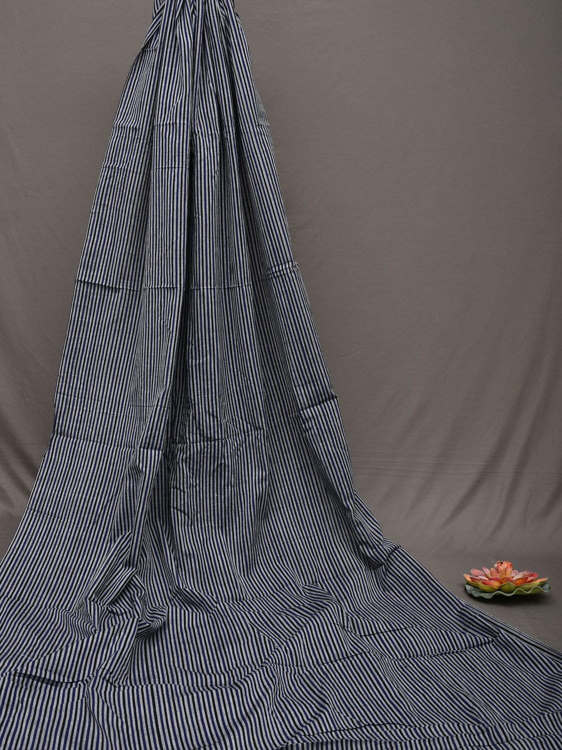 Blue and Black Khadi Cotton Handloom 2.5mts Fabric with Strips Design f0172