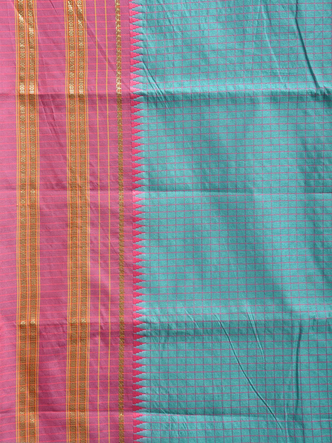 Blue and Pink Bamboo Cotton Viscose Silk Saree with Checks Design No Blouse bc0757