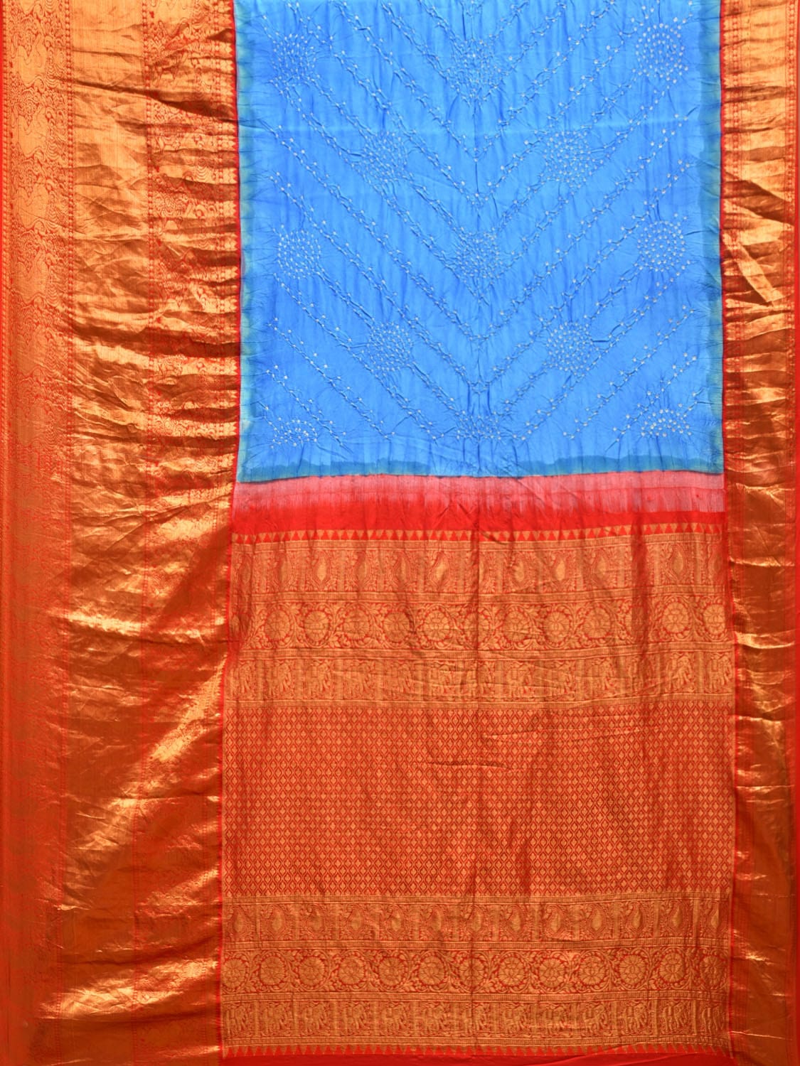 Blue and Red Bandhani Kanchipuram Silk Handloom Saree with Diagonal Design bn0497