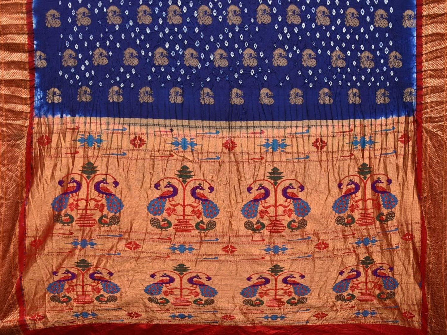 Blue and Red Bandhani Paithani Silk Handloom Saree with Body Buta Design bn0225