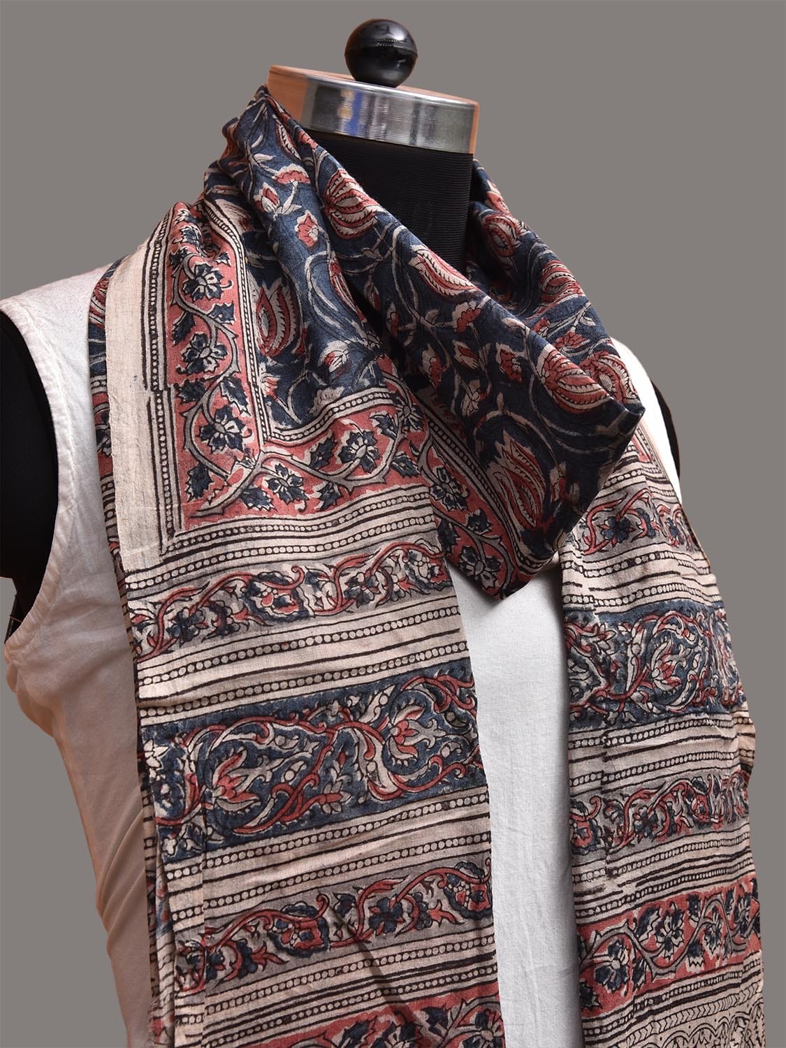 Blue and Red Kalamkari Block Print Cotton Stole with Lotus Flowers Design ds3729