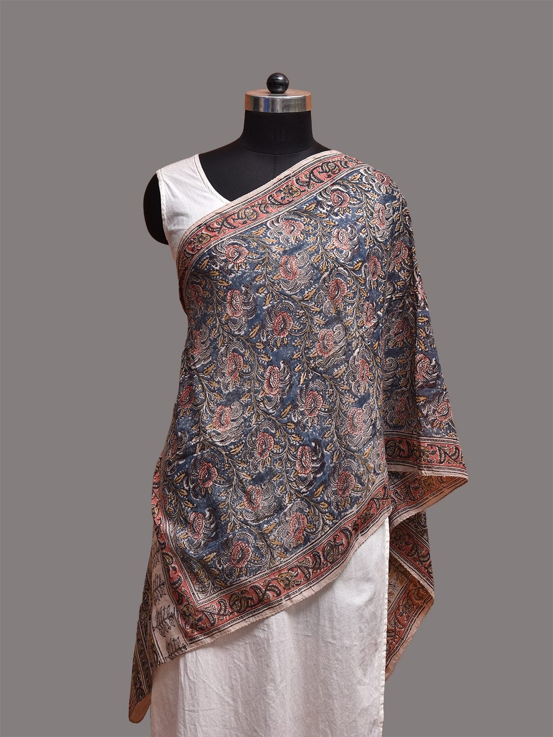 Blue and Red Kalamkari Block Print Tussar Stole with Floral Design ds3764