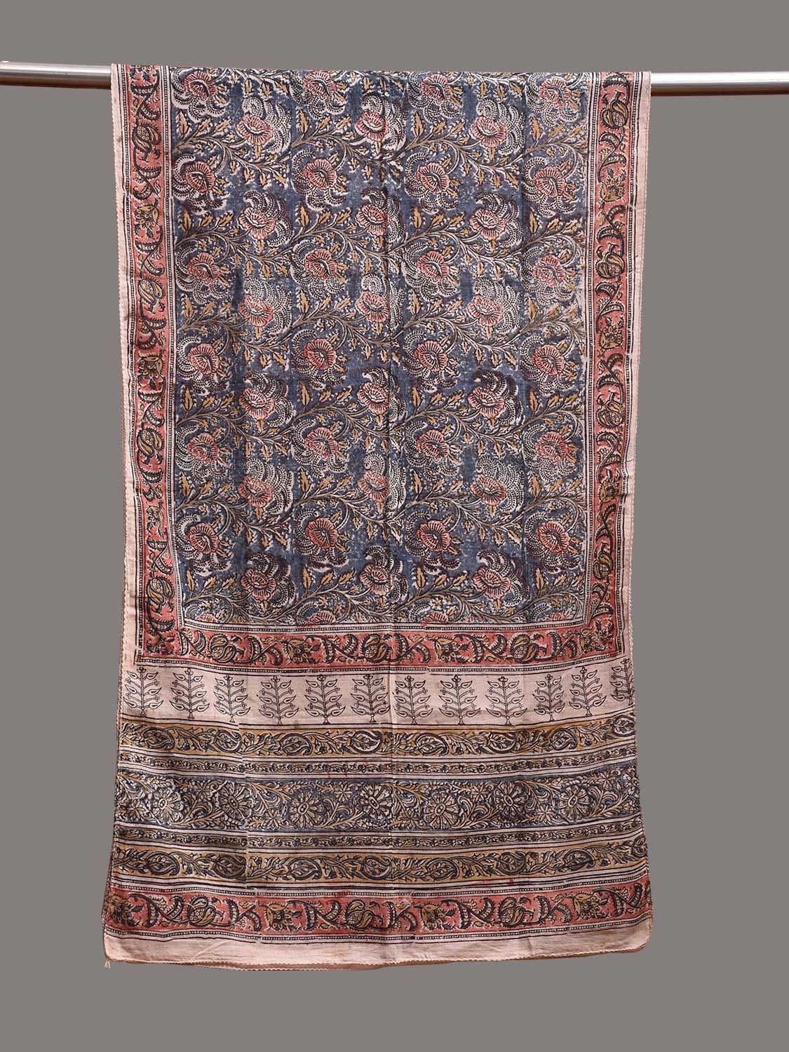 Blue and Red Kalamkari Block Print Tussar Stole with Floral Design ds3764