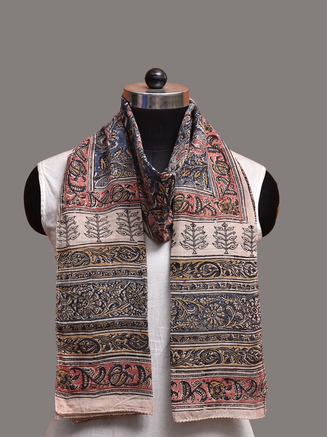 Blue and Red Kalamkari Block Print Tussar Stole with Floral Design ds3764