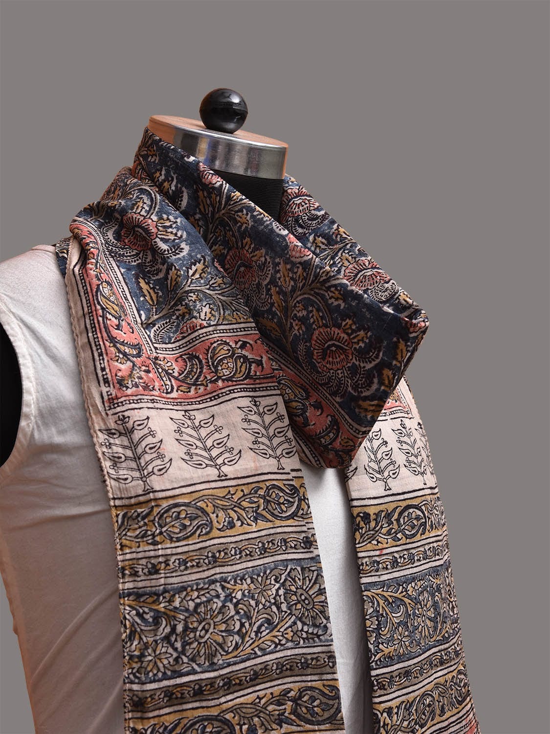 Blue and Red Kalamkari Block Print Tussar Stole with Floral Design ds3764