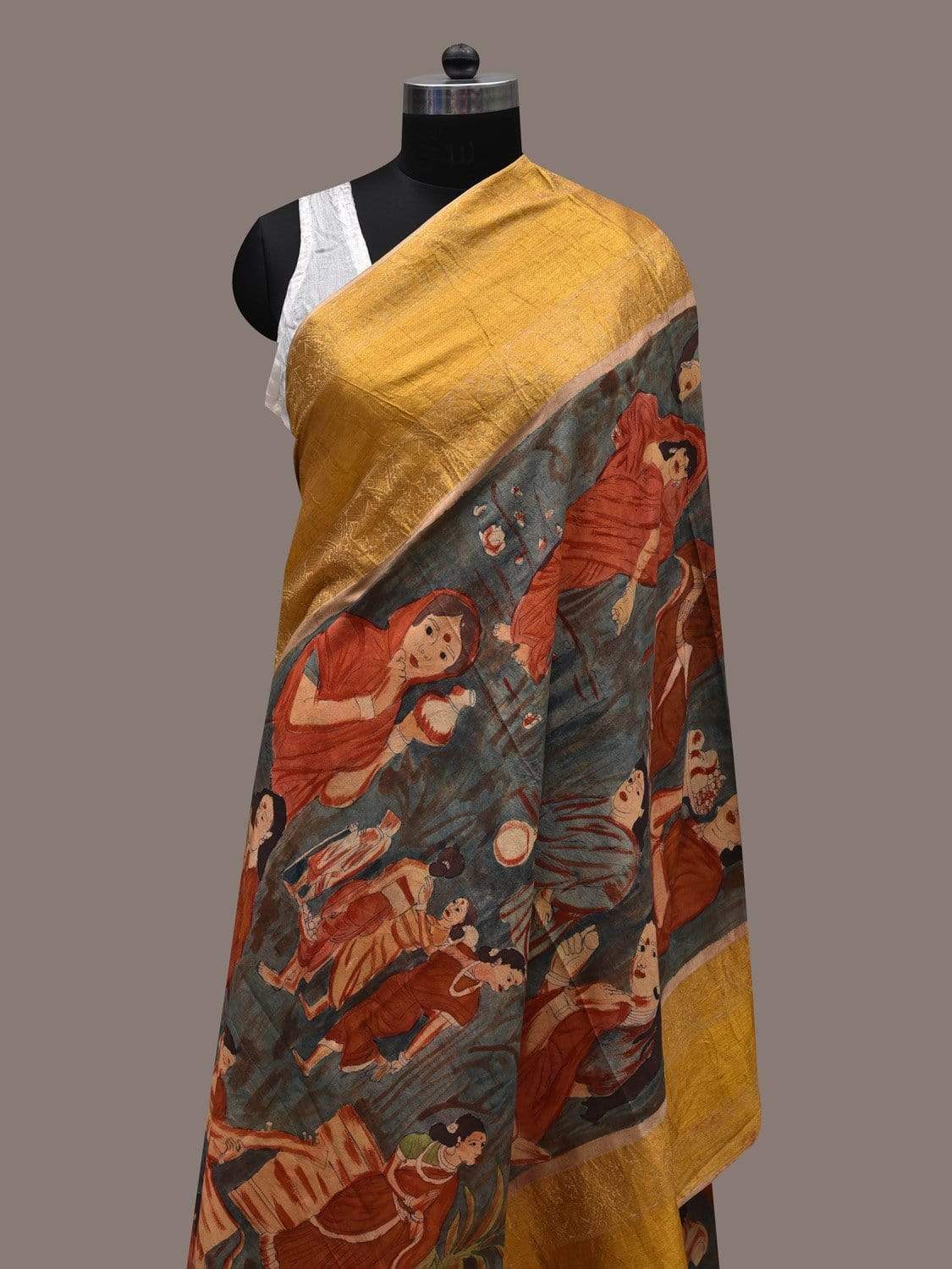 Blue and Red Kalamkari Hand Painted Kanchipuram Silk Handloom Dupatta with Painting Design ds2488