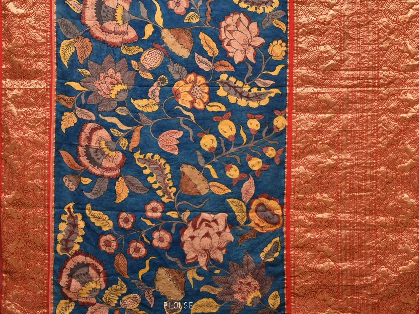 Blue and Red Kalamkari Hand Painted Kanchipuram Silk Handloom Saree with Floral Design KL0456