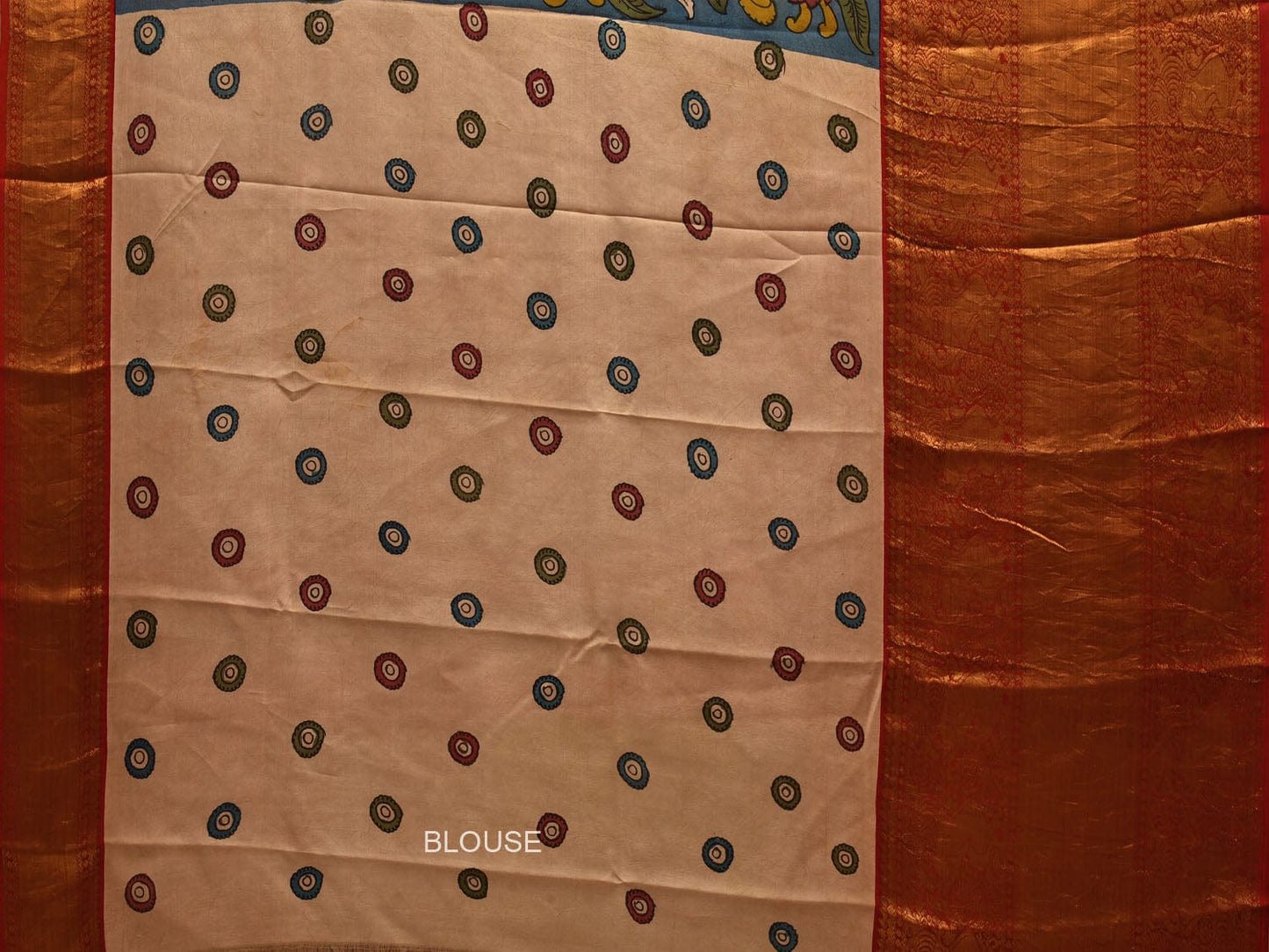 Blue and Red Kalamkari Hand Painted Kanchipuram Silk Handloom Saree with Lotus and Peacock Design KL0697