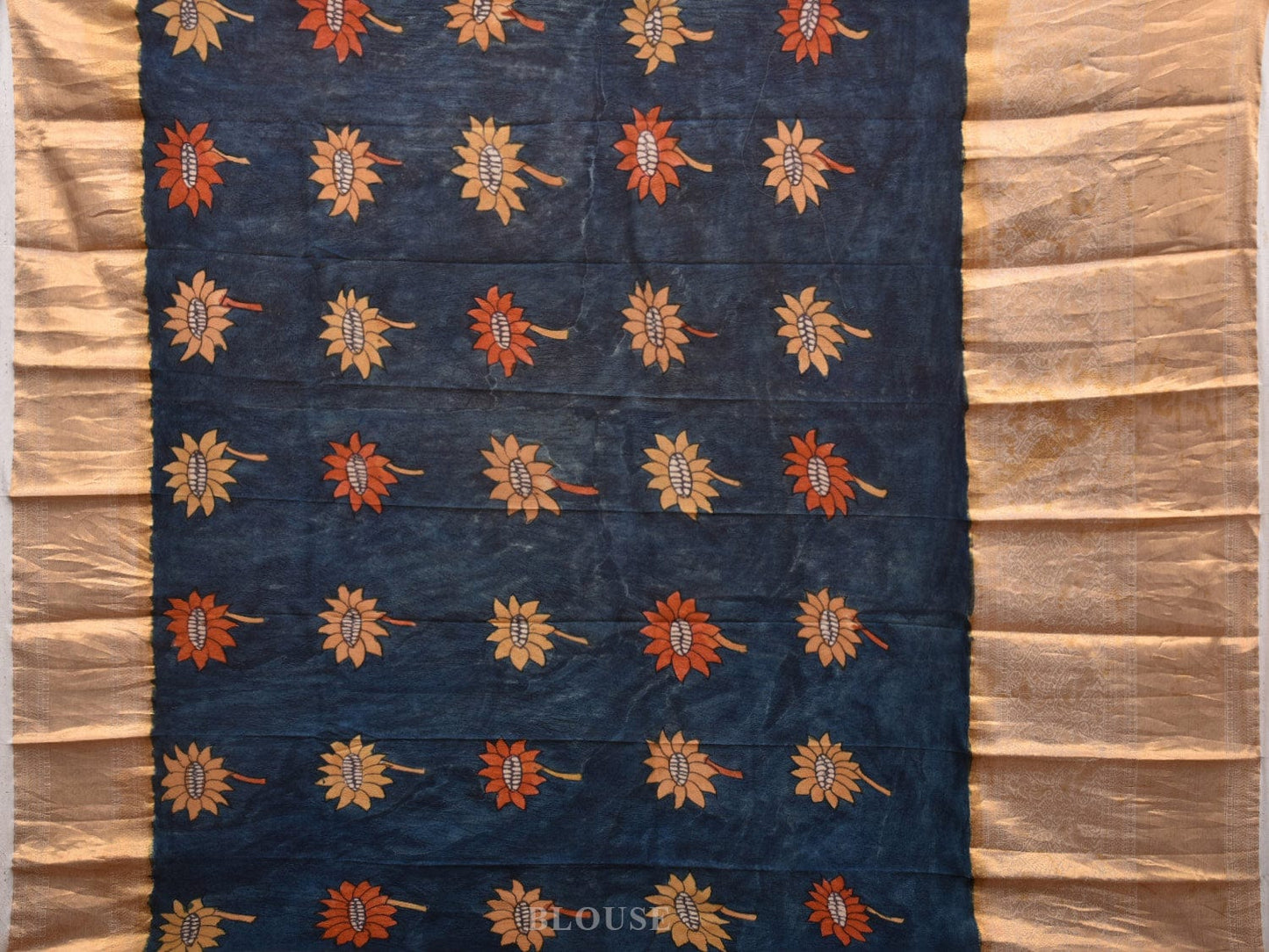 Blue and Yellow Kalamkari Hand Painted Kanchipuram Silk Handloom Saree with Floral and Peacocks Pallu Design KL0642