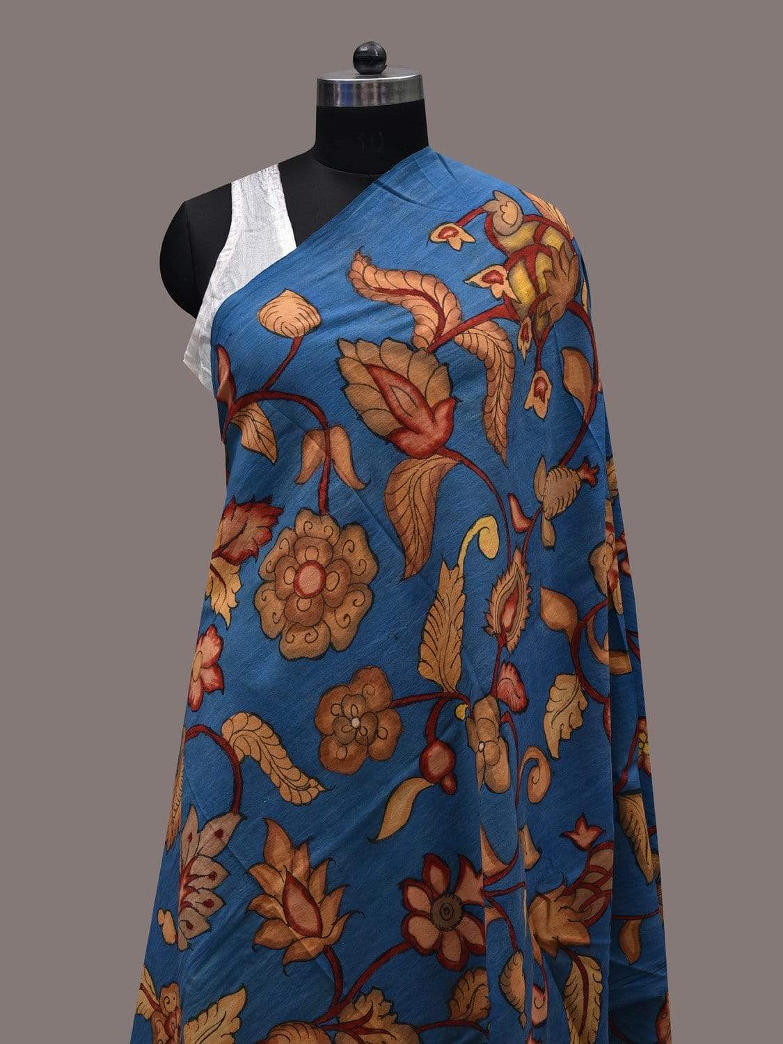 Blue Kalamkari Hand Painted Cotton Handloom Dupatta with Floral Design ds2476