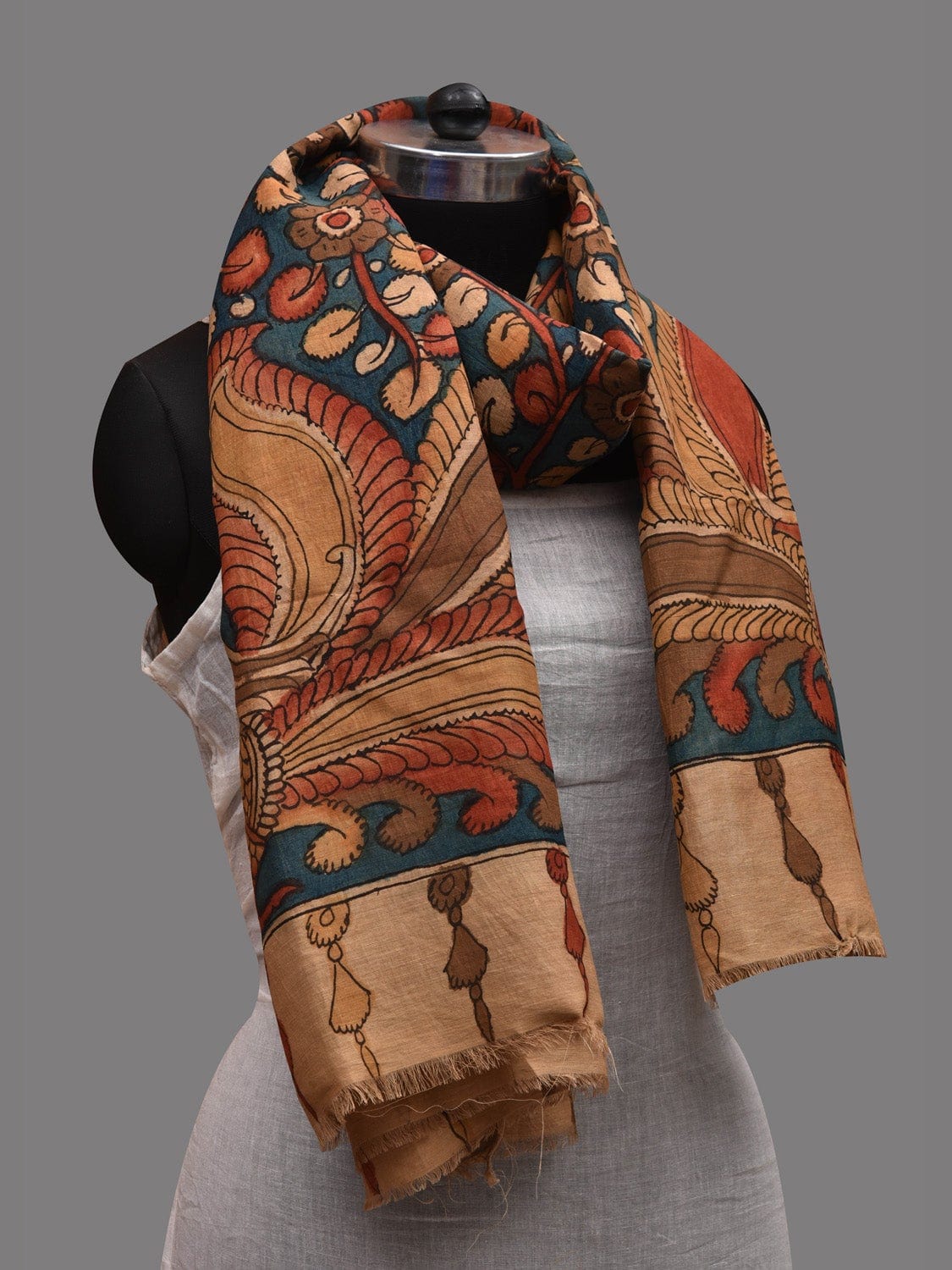 Blue Kalamkari Hand Painted Cotton Handloom Dupatta with Leaves and Peacocks Design ds2609