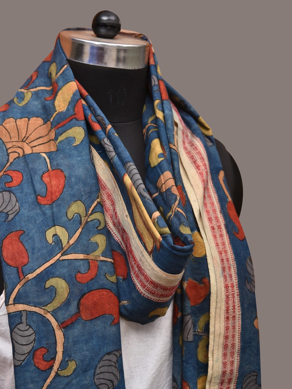 Blue Kalamkari Hand Painted Cotton Handloom Dupatta with Lotus and Doby Border Design ds3455