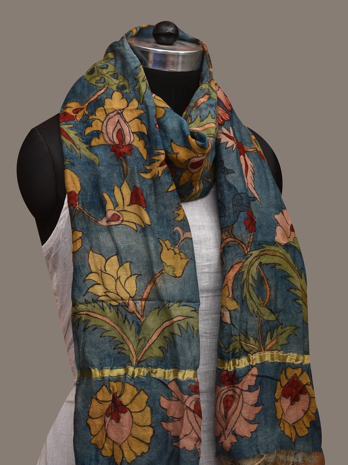 Blue Kalamkari Hand Painted Cotton Silk Handloom Dupatta with Birds and Floral Design ds2977